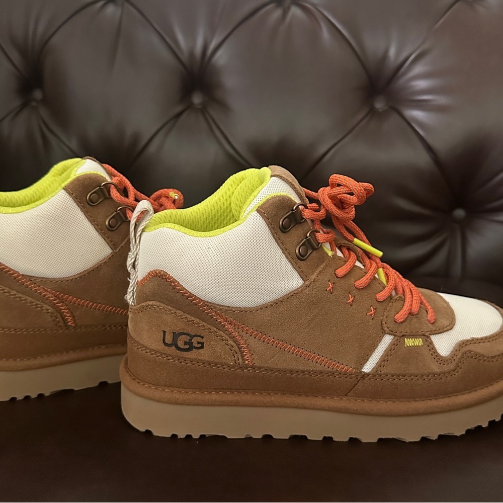 UGG Highland Hi Heritage, Tan and Cream Sneakers with Neon Accents